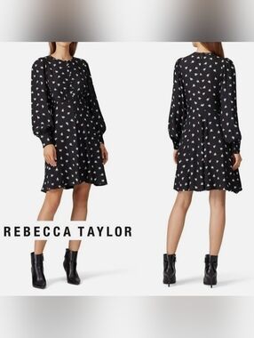 Rebecca Taylor Brigette 100% Silk Black Mini Dress Floral Print Fit&Flare 4/Smal